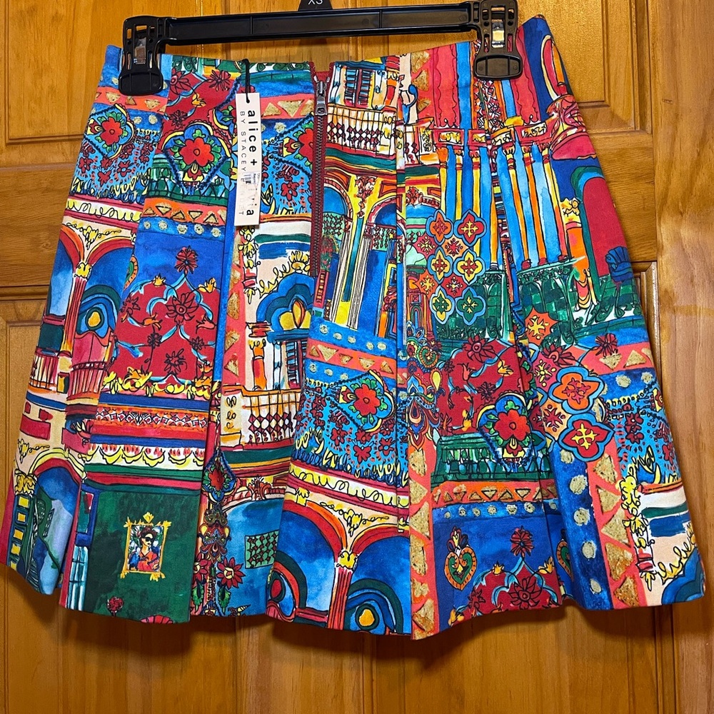 Alice + Olivia Red and Blue Mini Skater Skirt - Picture 3 of 8